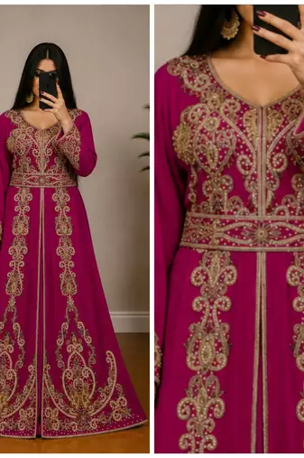 Rani pink Moroccan Kaftan with Antique Gold Embroidery & Embellished Belt