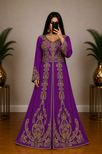 Purple Moroccan Kaftan with Antique Gold Embroidery & Embellished Belt