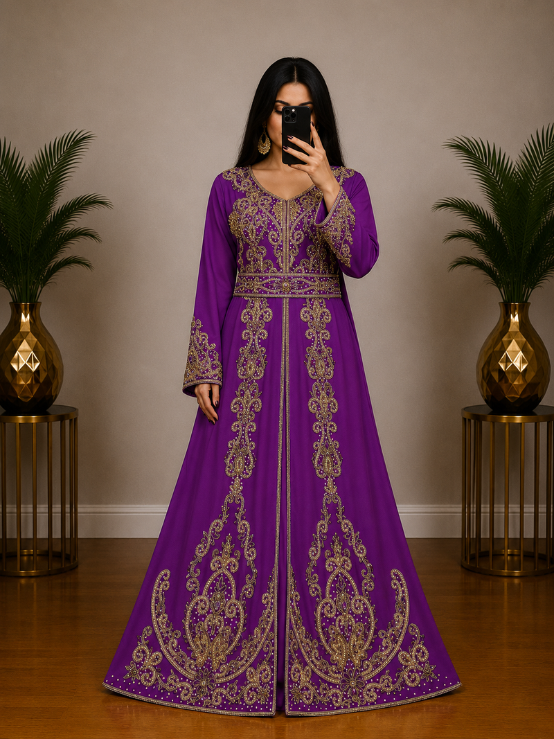 Purple Moroccan Kaftan with Antique Gold Embroidery & Embellished Belt
