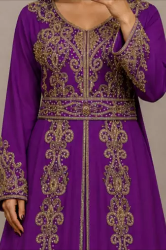 Purple Moroccan Kaftan with Antique Gold Embroidery & Embellished Belt