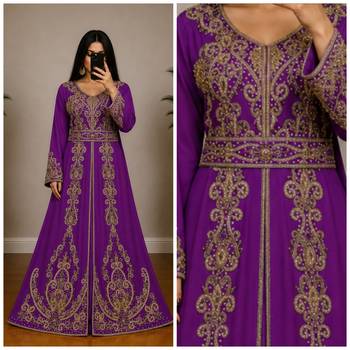 Purple Moroccan Kaftan with Antique Gold Embroidery & Embellished Belt 3