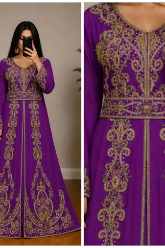 Purple Moroccan Kaftan with Antique Gold Embroidery & Embellished Belt