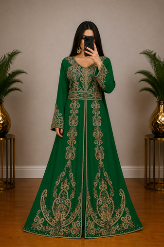 Green Moroccan Kaftan with Antique Gold Embroidery & Embellished Belt