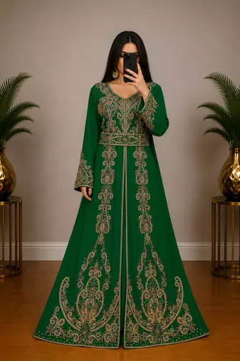 Green Moroccan Kaftan with Antique Gold Embroidery & Embellished Belt