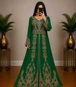 Green Moroccan Kaftan with Antique Gold Embroidery & Embellished Belt