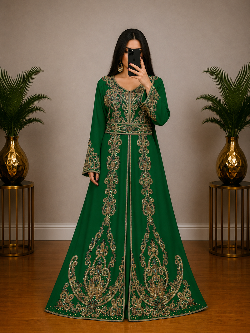 Green Moroccan Kaftan with Antique Gold Embroidery & Embellished Belt