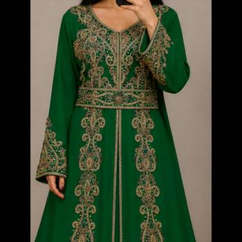 Green Moroccan Kaftan with Antique Gold Embroidery & Embellished Belt 2