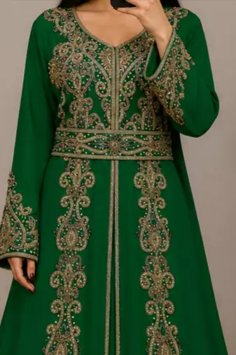 Green Moroccan Kaftan with Antique Gold Embroidery & Embellished Belt
