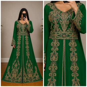 Green Moroccan Kaftan with Antique Gold Embroidery & Embellished Belt 3