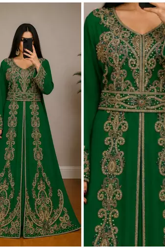 Green Moroccan Kaftan with Antique Gold Embroidery & Embellished Belt