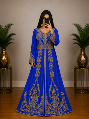 Royal Blue Moroccan Kaftan with Antique Gold Embroidery & Embellished Belt 1