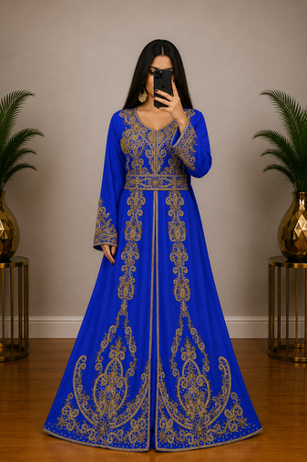 Royal Blue Moroccan Kaftan with Antique Gold Embroidery & Embellished Belt
