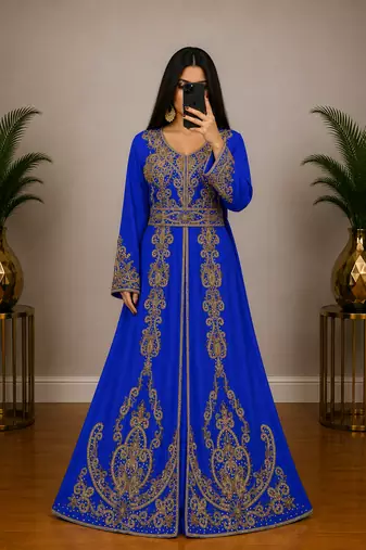 Royal Blue Moroccan Kaftan with Antique Gold Embroidery & Embellished Belt