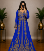 Royal Blue Moroccan Kaftan with Antique Gold Embroidery & Embellished Belt