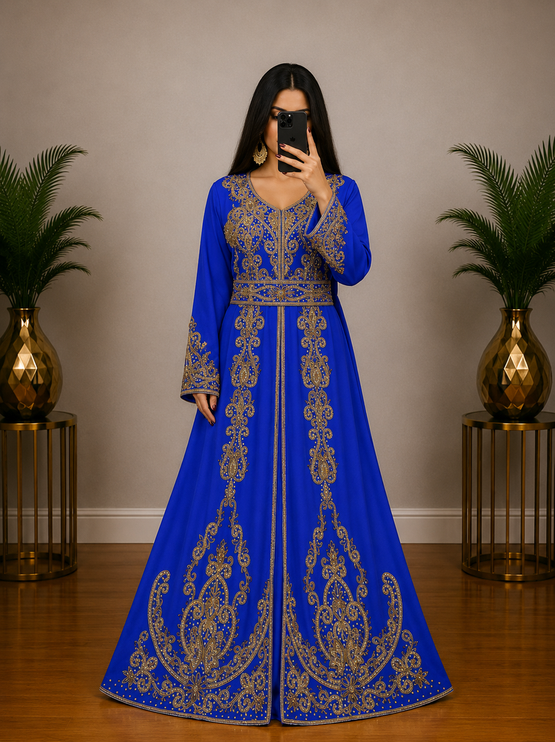 Royal Blue Moroccan Kaftan with Antique Gold Embroidery & Embellished Belt