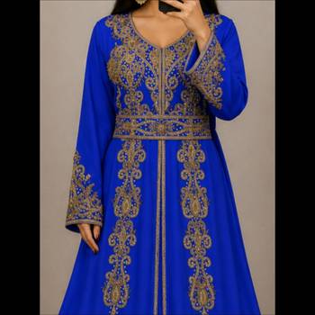 Royal Blue Moroccan Kaftan with Antique Gold Embroidery & Embellished Belt 2