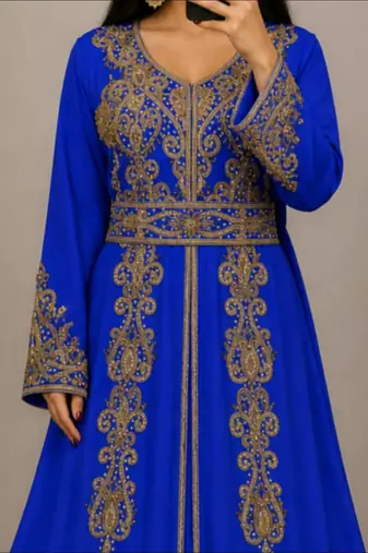 Royal Blue Moroccan Kaftan with Antique Gold Embroidery & Embellished Belt