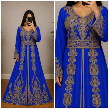 Royal Blue Moroccan Kaftan with Antique Gold Embroidery & Embellished Belt 3