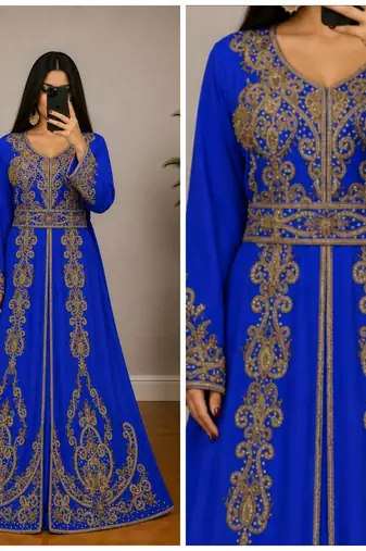 Royal Blue Moroccan Kaftan with Antique Gold Embroidery & Embellished Belt