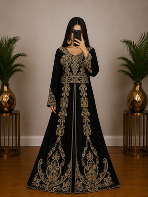 Black Moroccan Kaftan with Antique Gold Embroidery & Embellished Belt 1
