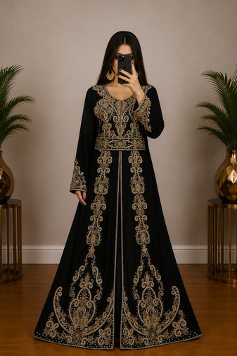 Black Moroccan Kaftan with Antique Gold Embroidery & Embellished Belt