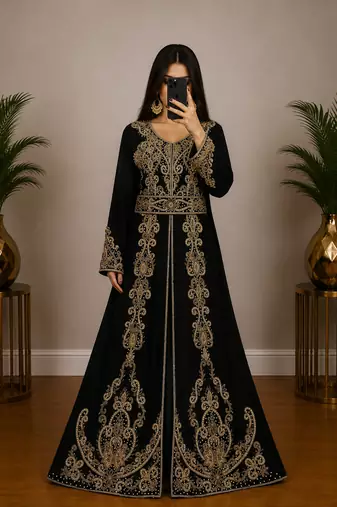 Black Moroccan Kaftan with Antique Gold Embroidery & Embellished Belt