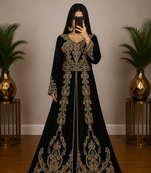 Black Moroccan Kaftan with Antique Gold Embroidery & Embellished Belt
