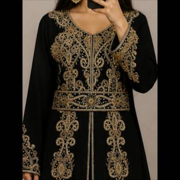 Black Moroccan Kaftan with Antique Gold Embroidery & Embellished Belt 2