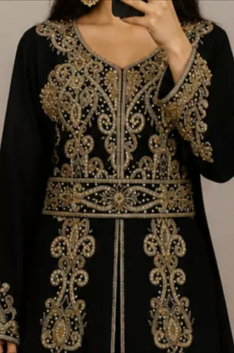 Black Moroccan Kaftan with Antique Gold Embroidery & Embellished Belt