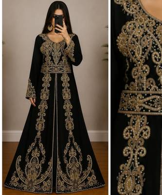 Black Moroccan Kaftan with Antique Gold Embroidery & Embellished Belt 3