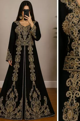Black Moroccan Kaftan with Antique Gold Embroidery & Embellished Belt
