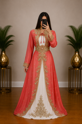 peach and white Embroidered Georgette Gown with Golden Zari Work 1