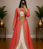 peach and white Embroidered Georgette Gown with Golden Zari Work