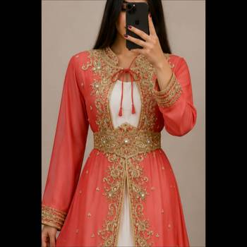 peach and white Embroidered Georgette Gown with Golden Zari Work 2