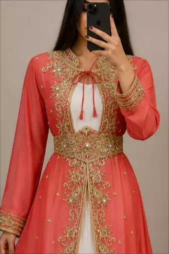 peach and white Embroidered Georgette Gown with Golden Zari Work