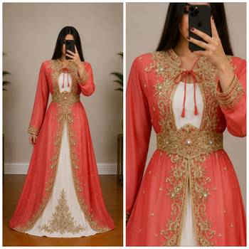 peach and white Embroidered Georgette Gown with Golden Zari Work 3