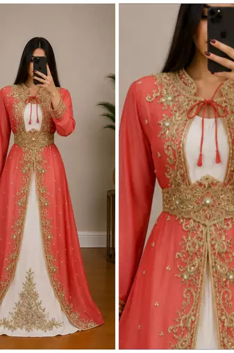 peach and white Embroidered Georgette Gown with Golden Zari Work
