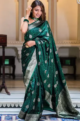 Dark green silk blend zari woven woven saree