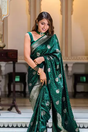 Dark green silk blend zari woven woven saree