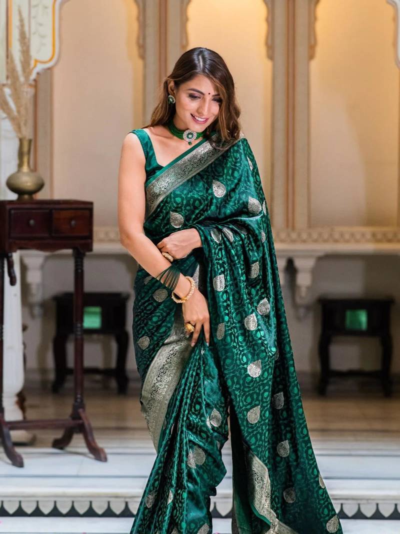 Dark green silk blend zari woven woven saree