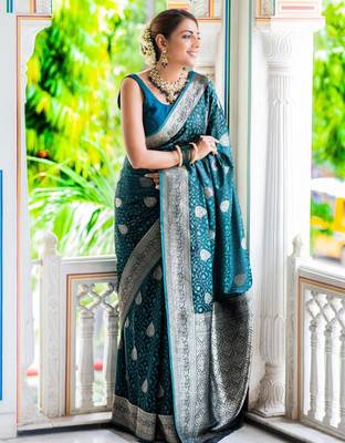 Teal silk blend zari woven woven saree 1