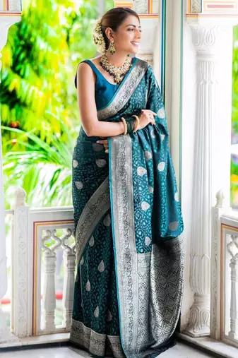 Teal silk blend zari woven woven saree