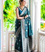 Teal silk blend zari woven woven saree
