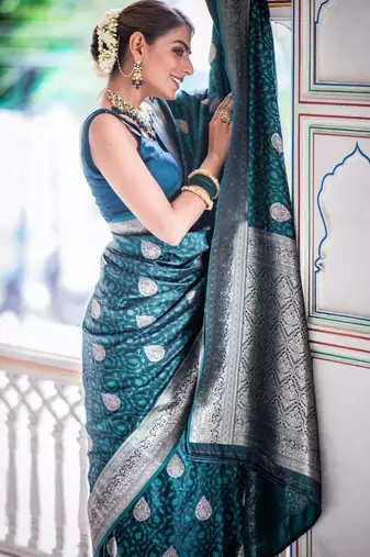 Teal silk blend zari woven woven saree