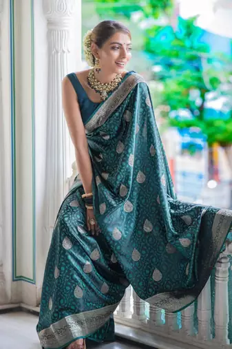 Teal silk blend zari woven woven saree