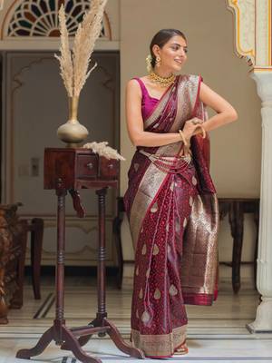 Wine silk blend zari woven woven saree 1