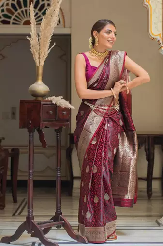 Wine silk blend zari woven woven saree