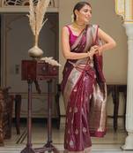 Wine silk blend zari woven woven saree