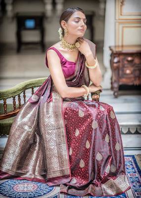 Wine silk blend zari woven woven saree 2