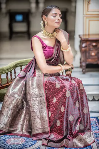 Wine silk blend zari woven woven saree